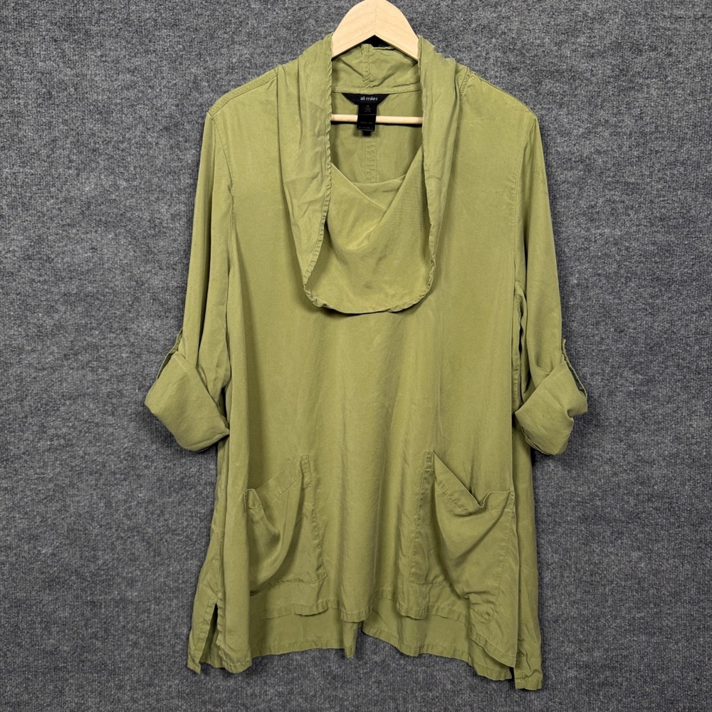 Ali Miles Size XL Tunic Shirt Olive Green Cowl Neck Lagenlook Roll Tab Sleeves